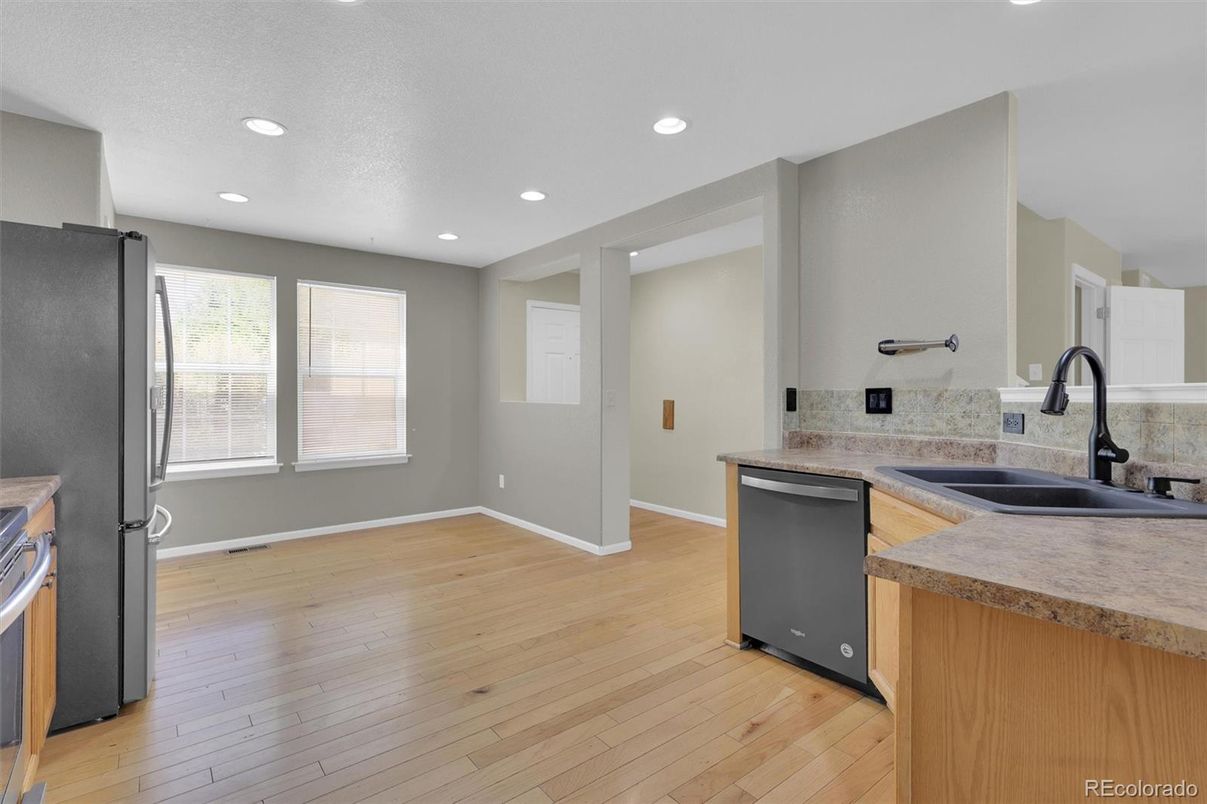 Interior, Kitchen, Recessed Lighting, Wood Texture Flooring