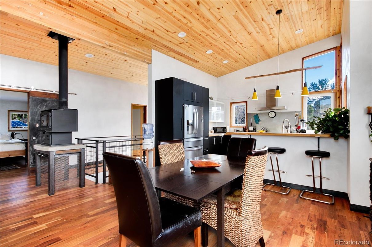 Dining room, Interior, Kitchen, Pendant Lights, Recessed Lighting, Wooden Ceilings, Wood Texture Flooring