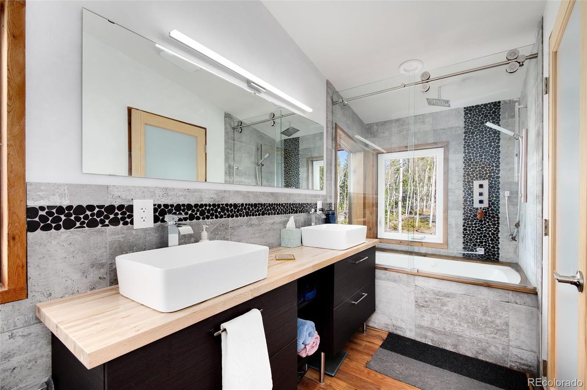 Bathroom, Dual Sink Vanities, Glass Shower, Interior, Wood Texture Flooring