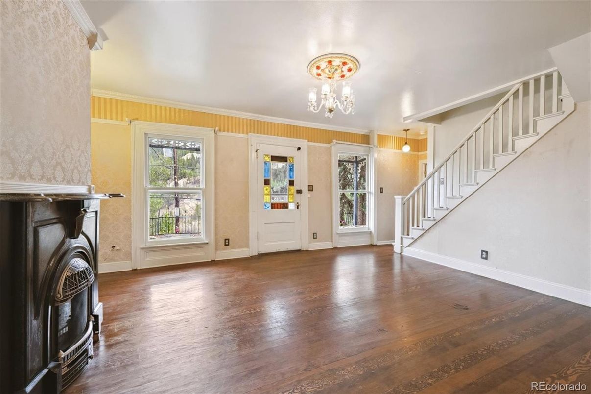 Chandelier, Empty room, Fireplace, Interior, Wood Texture Flooring