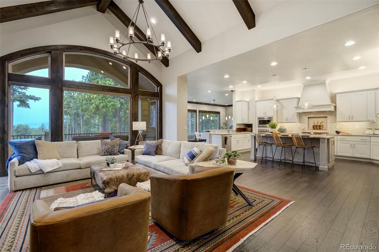 Chandelier, Interior, Kitchen, Living room, Pendant Lights, Recessed Lighting, Wooden Beams, Wood Texture Flooring