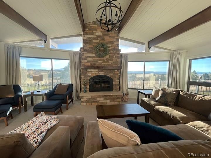 Chandelier, Fireplace, Interior, Living room, Stone Walls, Wooden Beams
