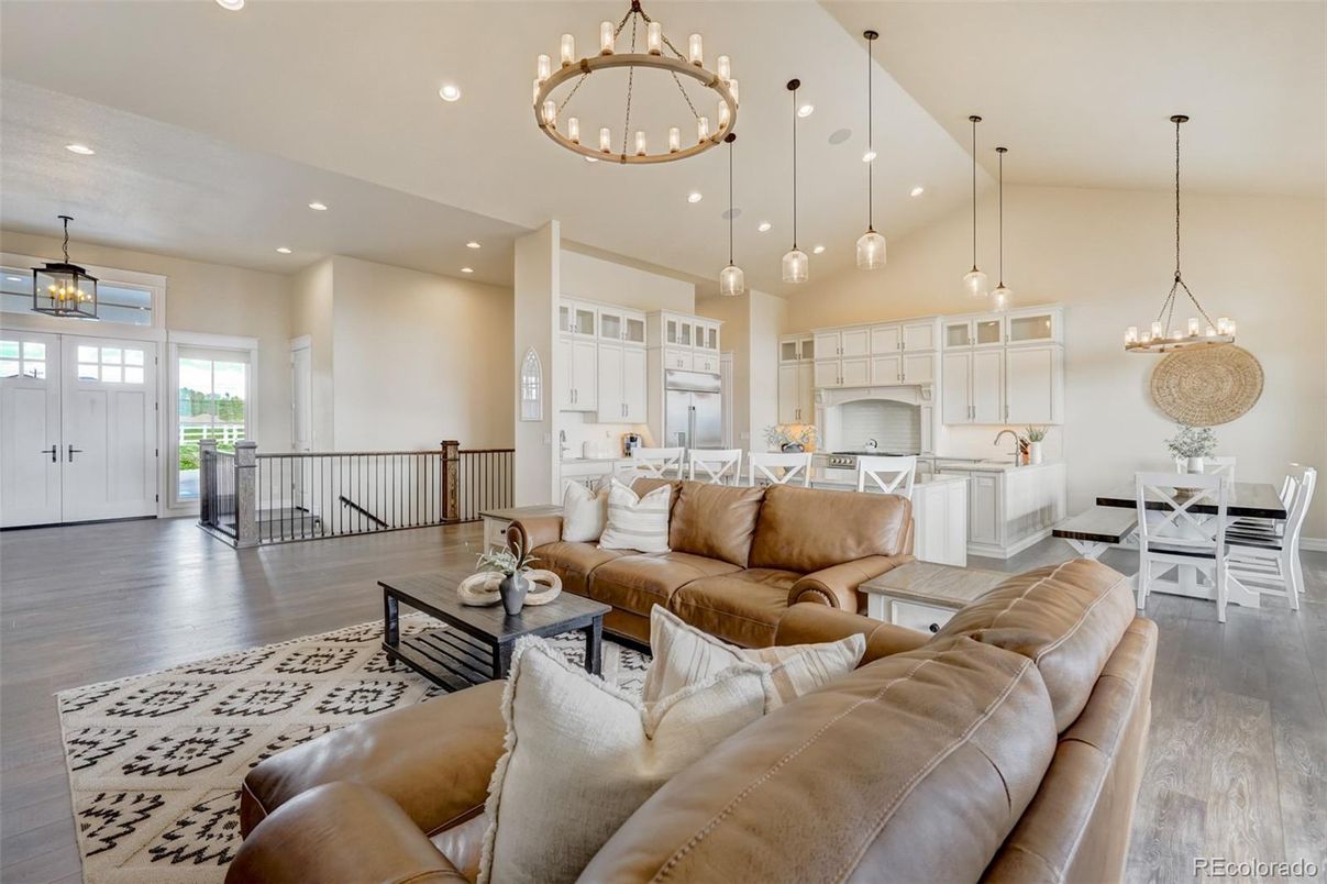 Chandelier, Dining room, Interior, Kitchen, Living room, Pendant Lights, Recessed Lighting, Wood Texture Flooring