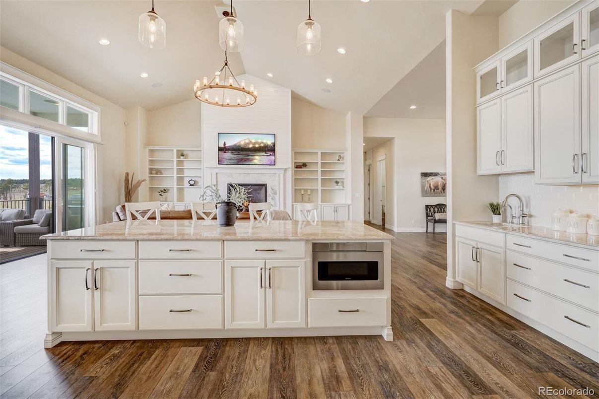 Chandelier, Fireplace, Interior, Pendant Lights, Recessed Lighting, Wood Texture Flooring