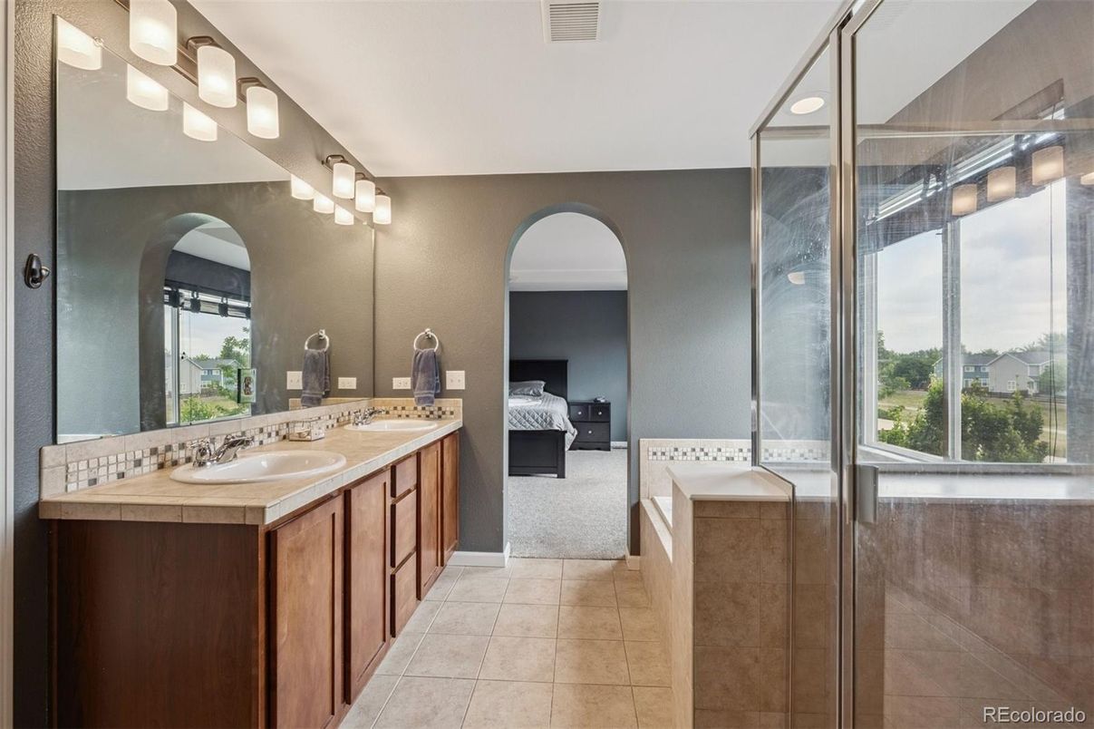 Bathroom, Dual Sink Vanities, Glass Shower, Interior, Tile Countertops