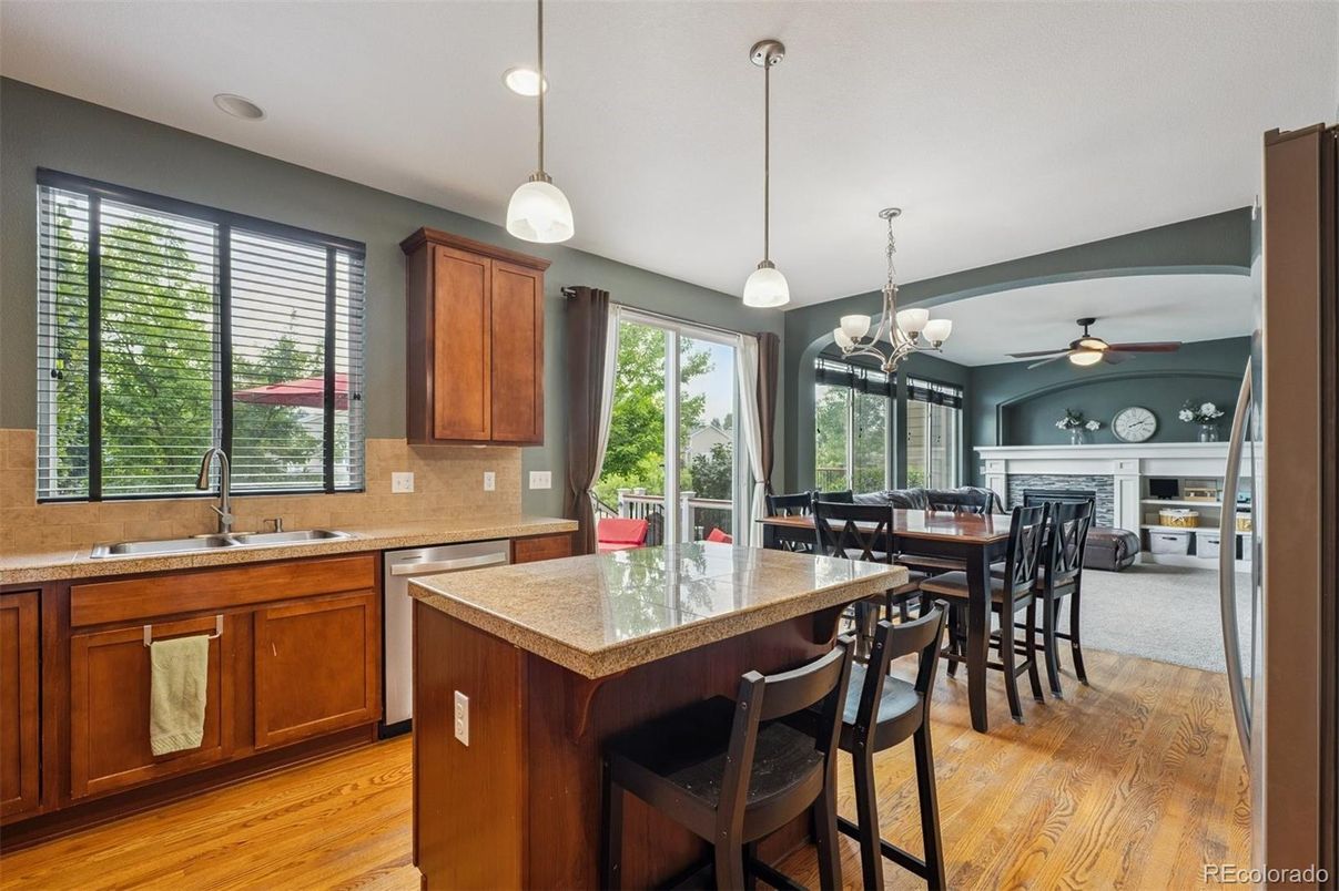 Dining room, Fireplace, Interior, Kitchen, Pendant Lights, Recessed Lighting, Wood Texture Flooring