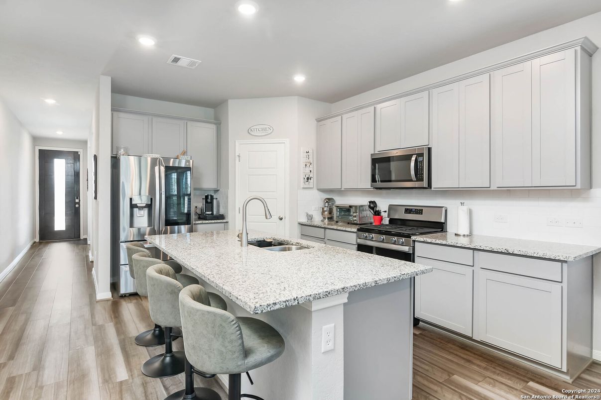 Interior, Kitchen, Recessed Lighting, Stainless Steel Appliances, Wood Texture Flooring