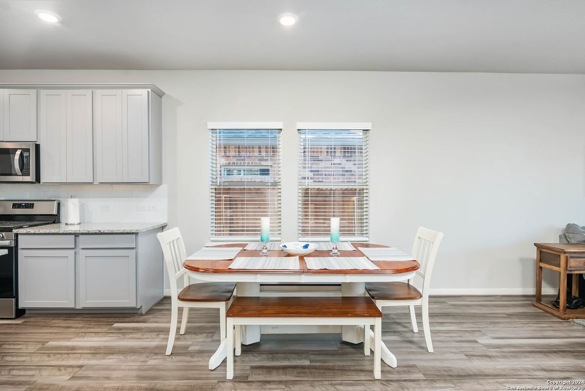 Dining room, Interior, Kitchen, Recessed Lighting, Wood Texture Flooring