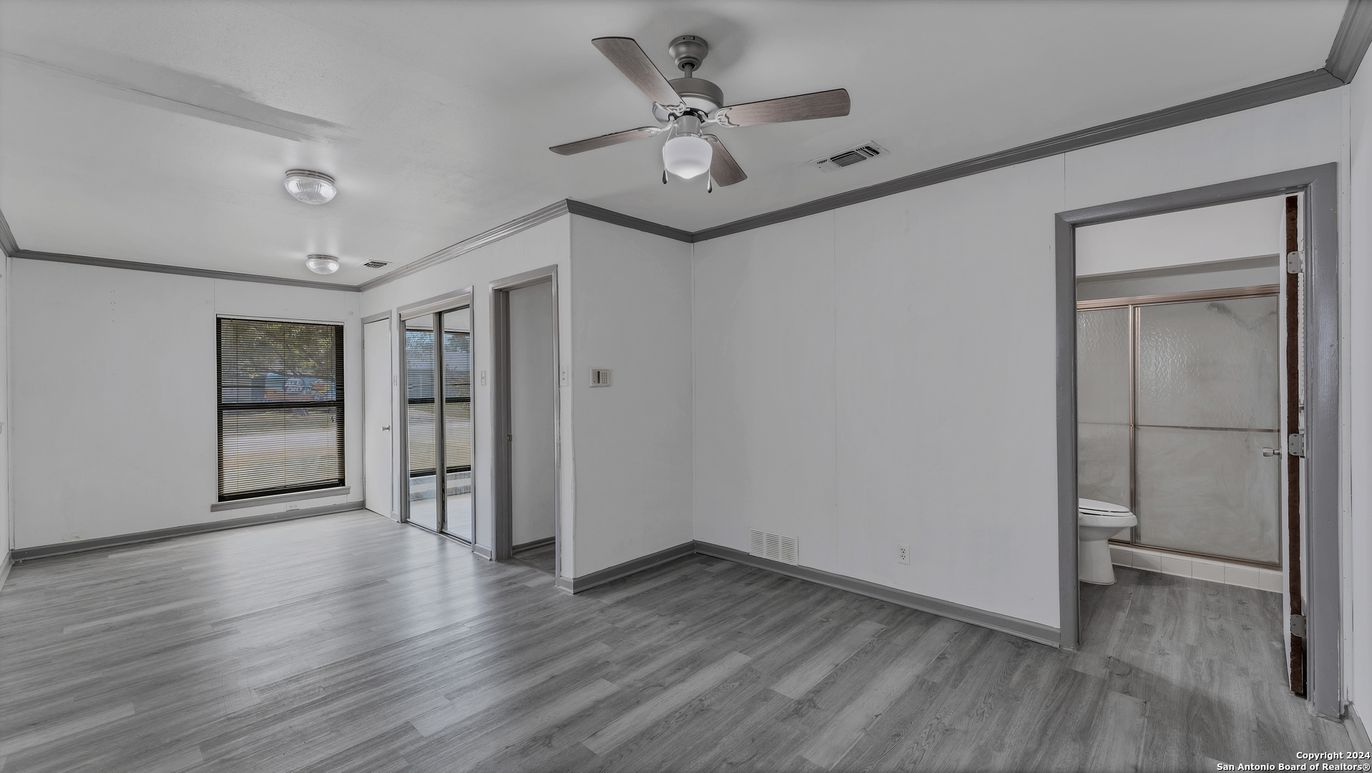 Bathroom, Empty room, Glass Shower, Interior, Wood Texture Flooring