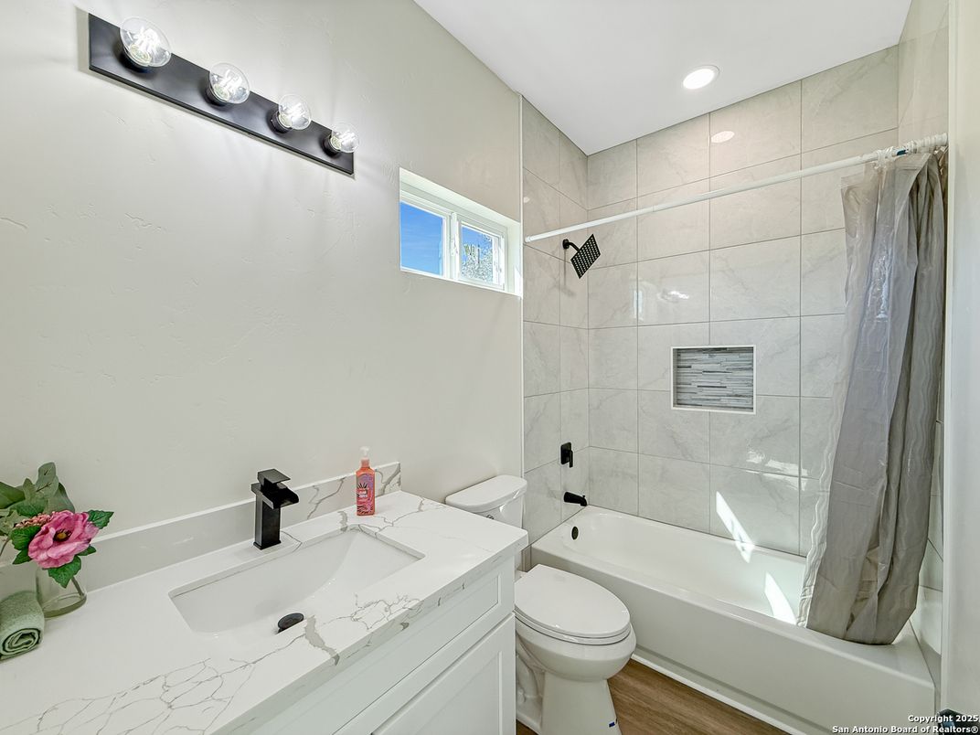 Bathroom, Glass Shower, Interior, Marble Walls, Recessed Lighting, Wood Texture Flooring