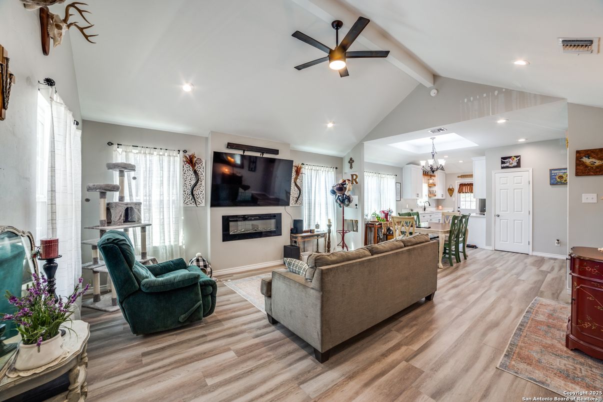 Chandelier, Dining room, Interior, Kitchen, Living room, Pendant Lights, Recessed Lighting, Wood Texture Flooring