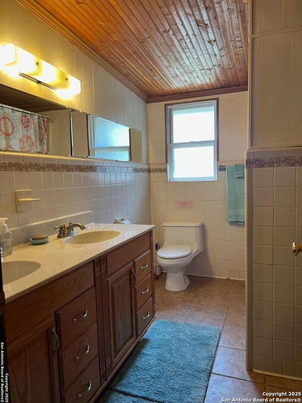Bathroom, Dual Sink Vanities, Interior, Tile Countertops, Wooden Ceilings