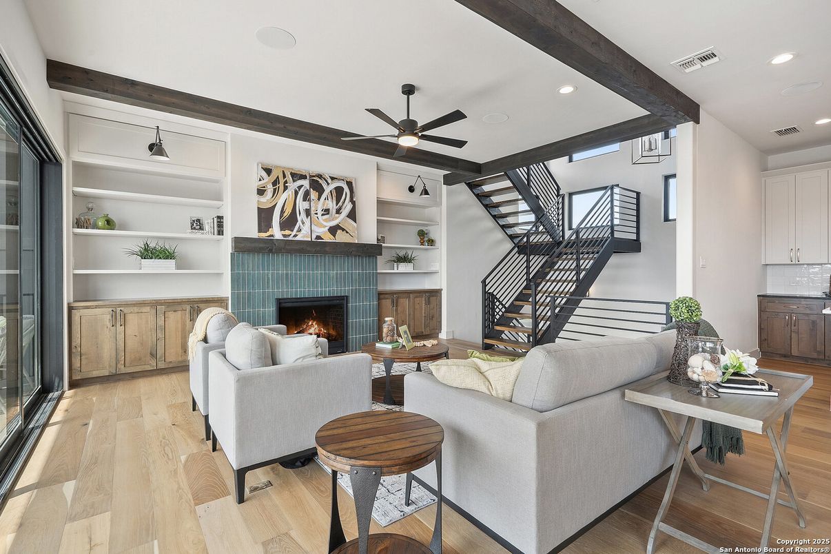 Fireplace, Interior, Living room, Recessed Lighting, Wood Texture Flooring