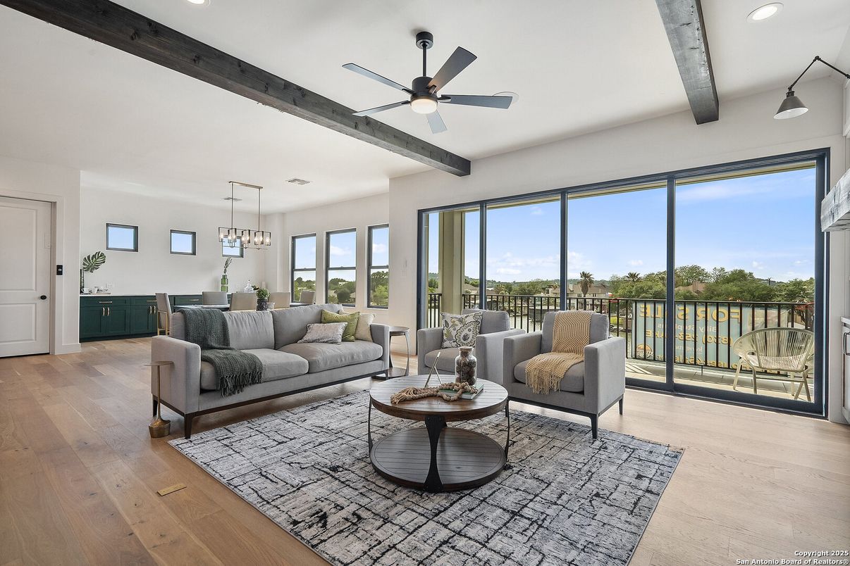 Interior, Living room, Pendant Lights, Recessed Lighting, Wooden Beams, Wood Texture Flooring