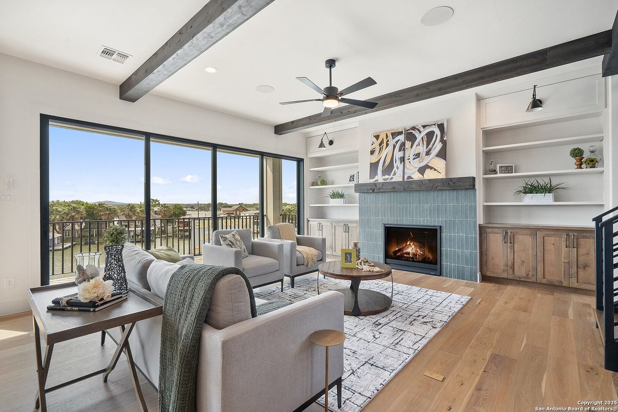 Fireplace, Interior, Living room, Recessed Lighting, Wooden Beams, Wood Texture Flooring