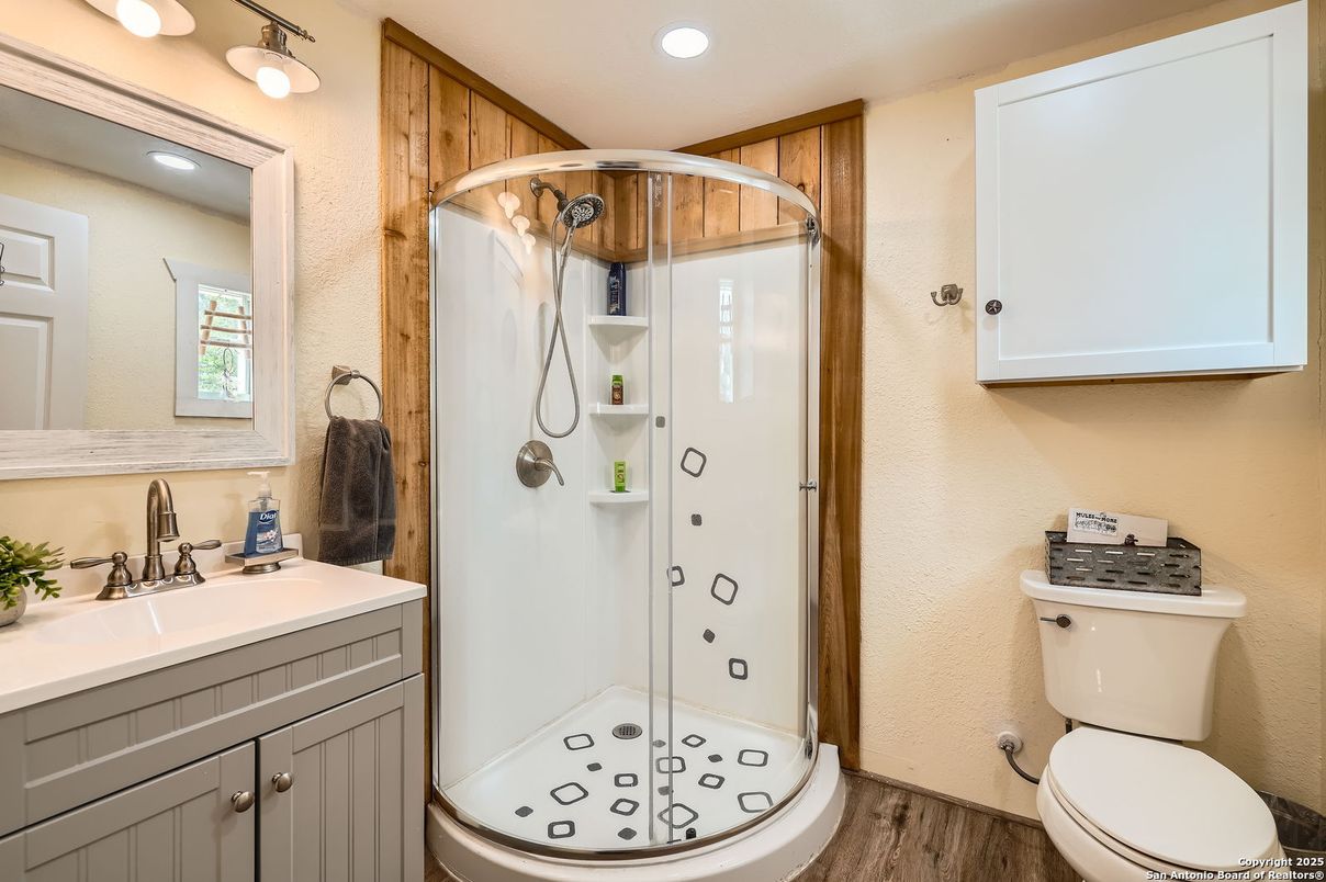 Bathroom, Glass Shower, Interior, Recessed Lighting, Wood Texture Flooring