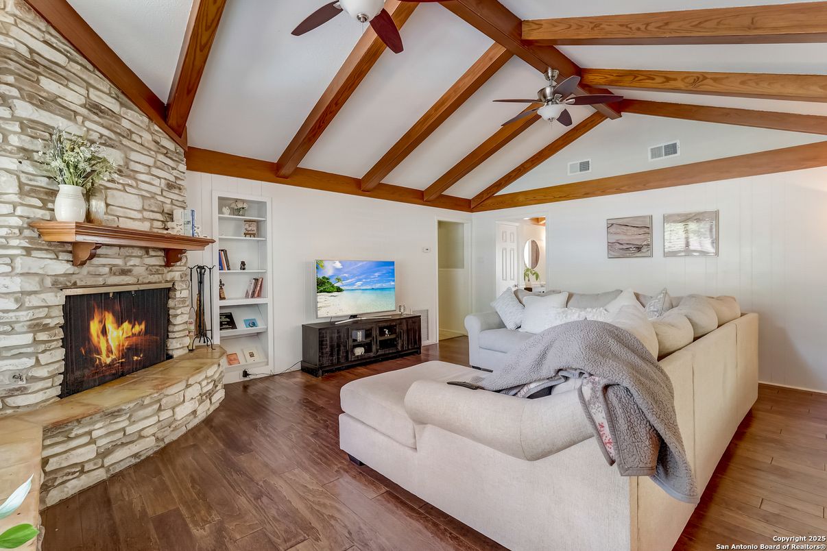 Fireplace, Interior, Living room, Stone Walls, Wooden Beams, Wood Texture Flooring