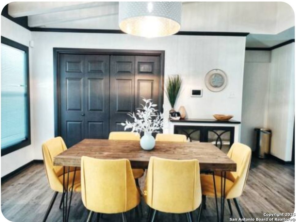 Dining room, Interior, Pendant Lights, Wood Texture Flooring