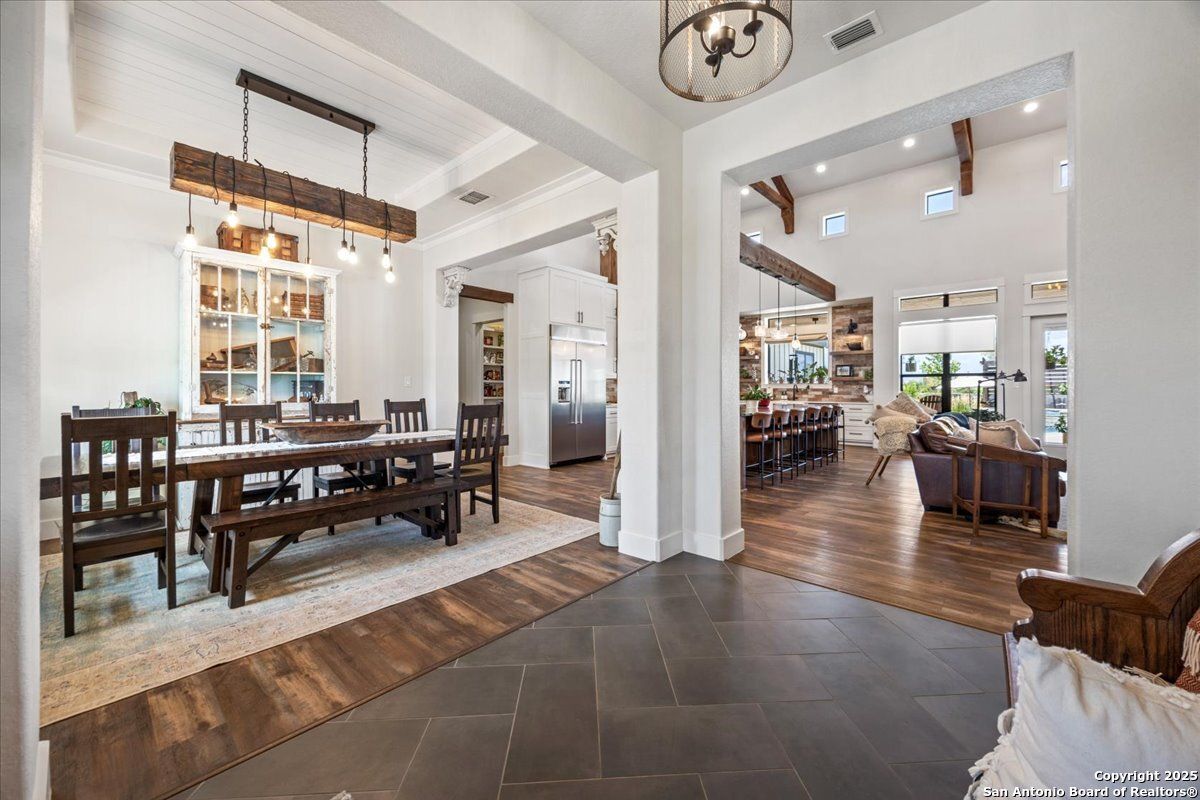 Dining room, Interior, Living room, Pendant Lights, Recessed Lighting, Wood Texture Flooring