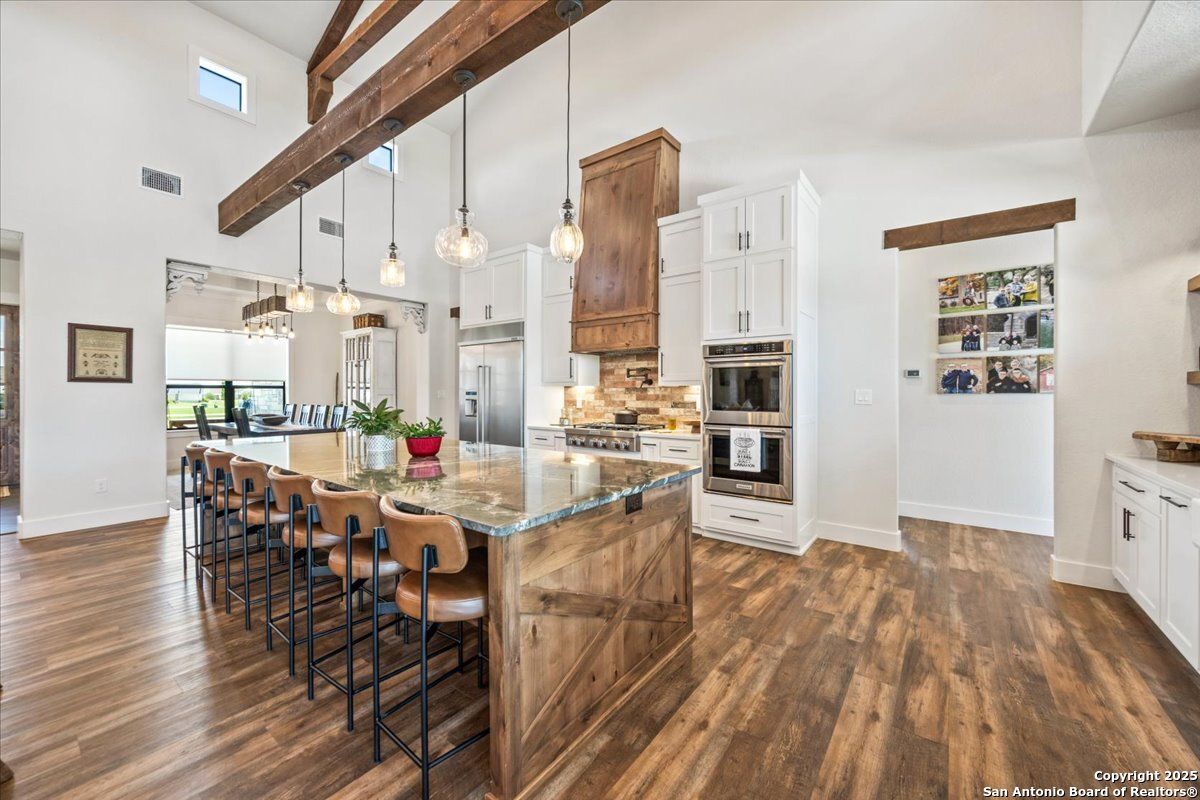 Interior, Kitchen, Pendant Lights, Stainless Steel Appliances, Wooden Beams, Wood Texture Flooring