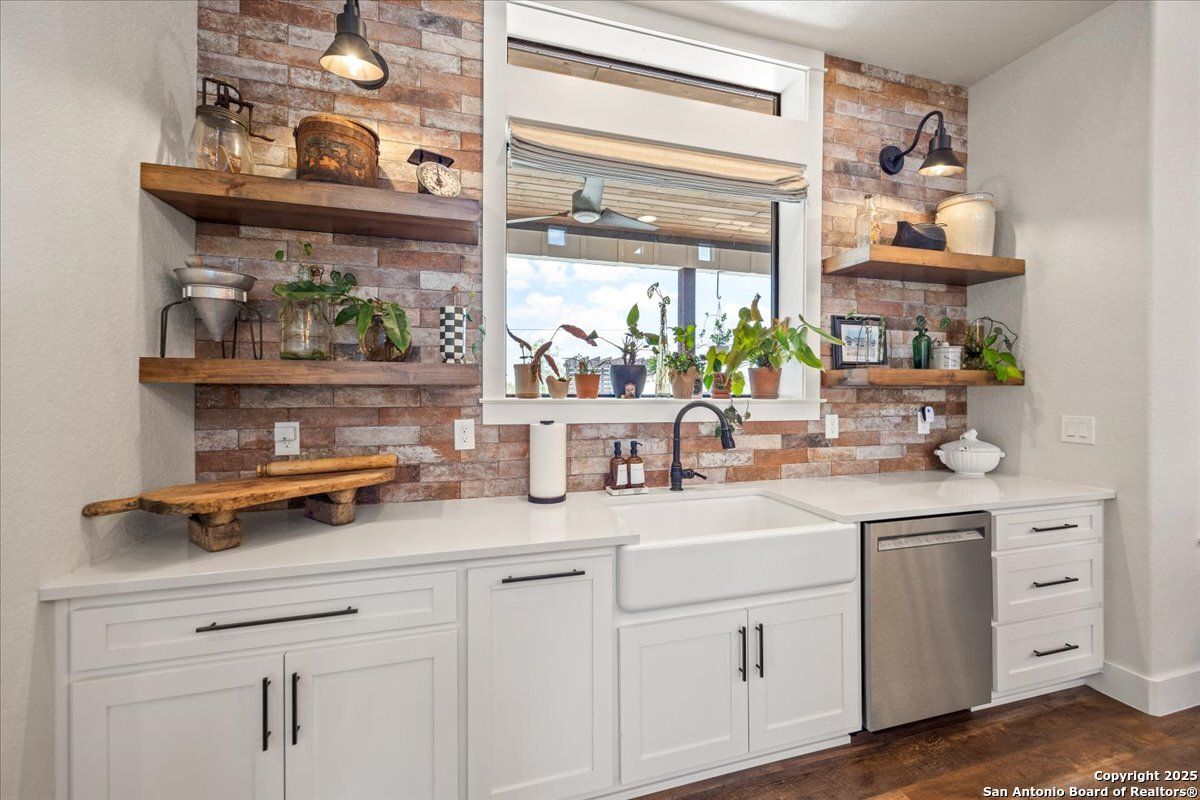 Interior, Kitchen, Stainless Steel Appliances, Stone Walls, Wood Texture Flooring