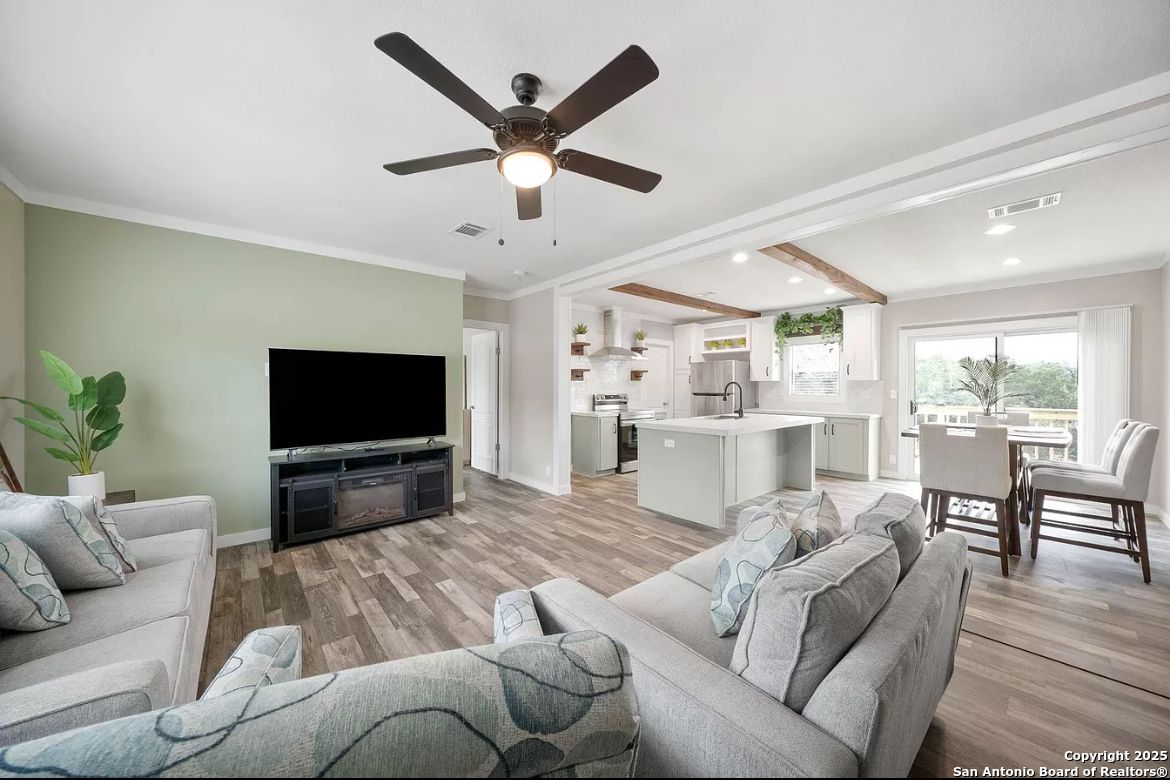 Dining room, Interior, Kitchen, Living room, Recessed Lighting, Wood Texture Flooring