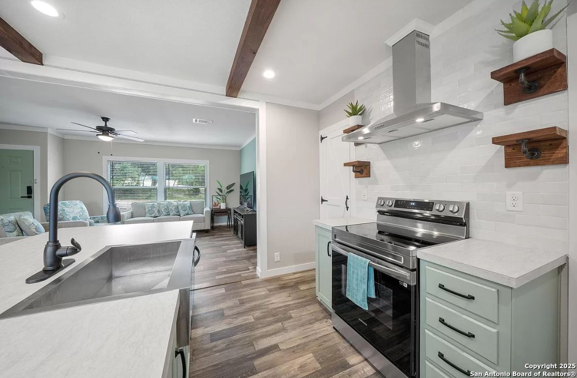 Interior, Kitchen, Recessed Lighting, Stainless Steel Appliances, Wooden Beams, Wood Texture Flooring