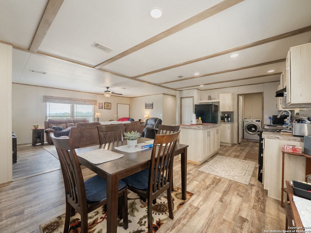 Dining room, Interior, Kitchen, Living room, Recessed Lighting, Wood Texture Flooring