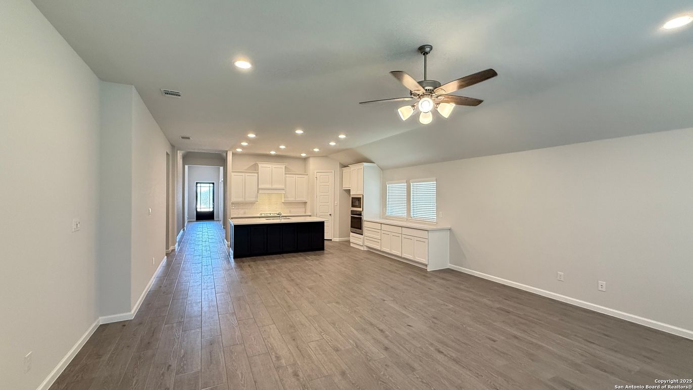 Empty room, Interior, Kitchen, Recessed Lighting, Wood Texture Flooring