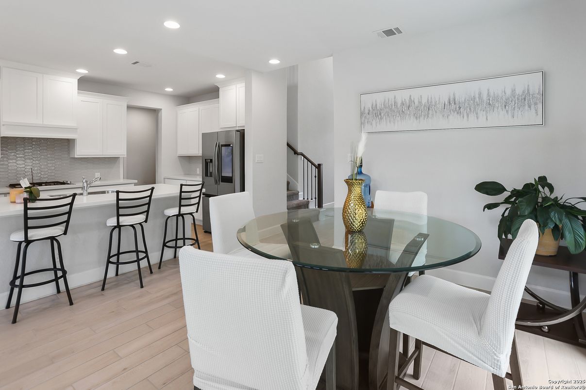 Dining room, Interior, Kitchen, Recessed Lighting, Wood Texture Flooring