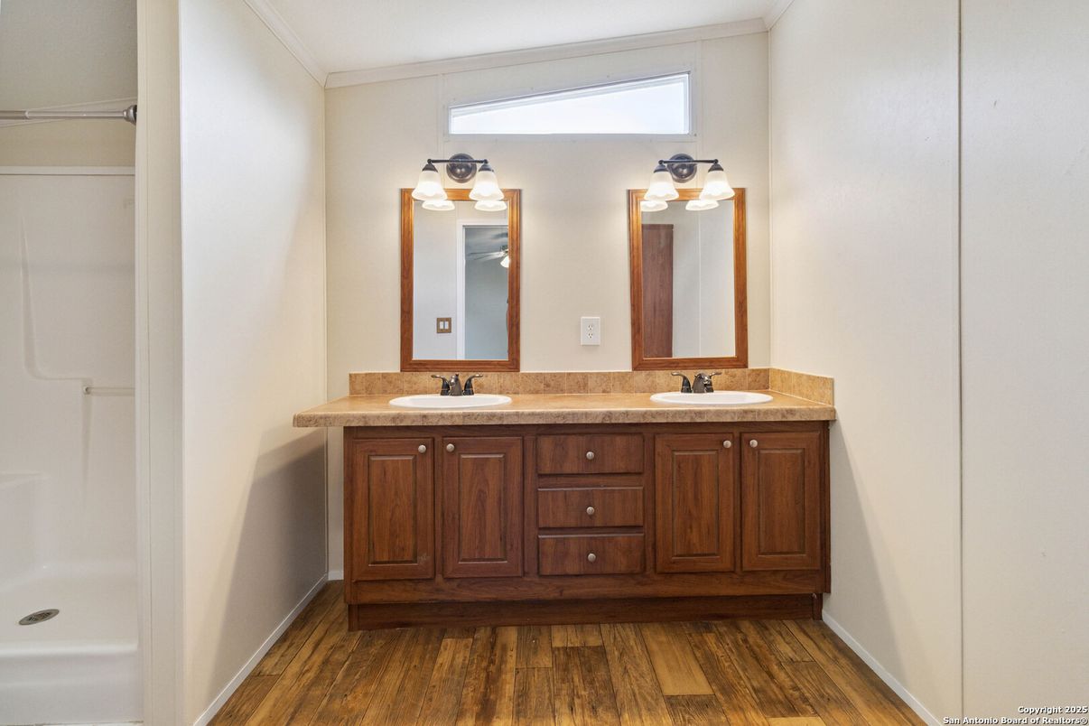 Bathroom, Dual Sink Vanities, Interior, Wood Texture Flooring