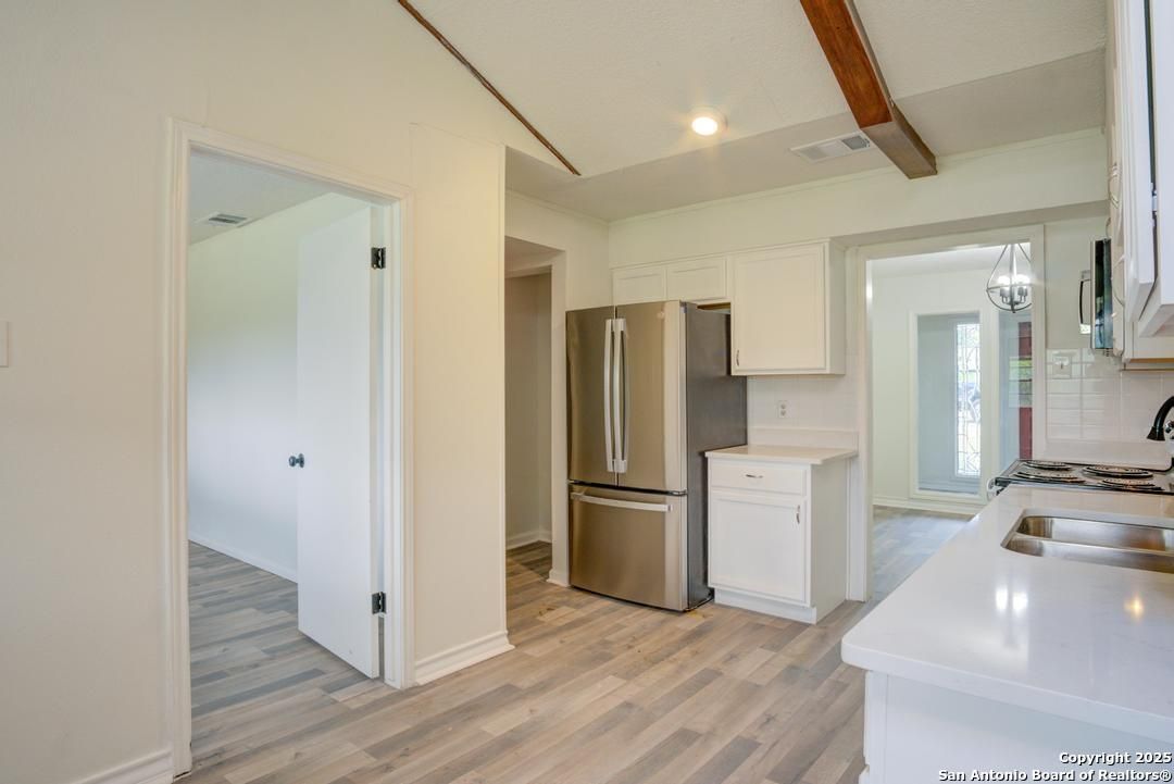 Interior, Kitchen, Recessed Lighting, Wooden Beams, Wood Texture Flooring