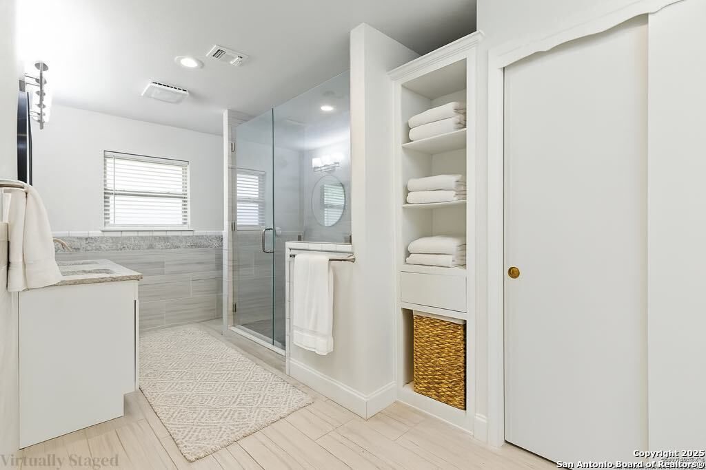 Bathroom, Glass Shower, Interior, Recessed Lighting, Wood Texture Flooring