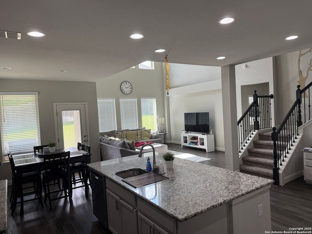Dining room, Interior, Kitchen, Living room, Recessed Lighting, Wood Texture Flooring