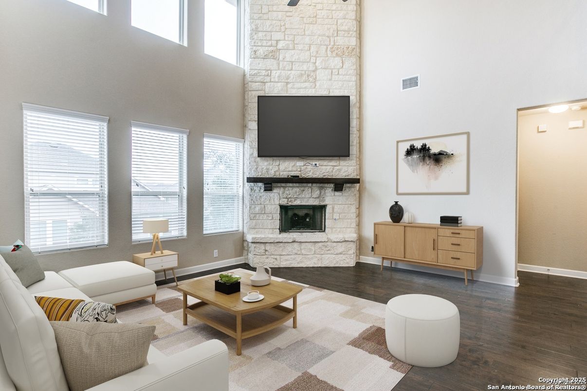 Fireplace, Interior, Living room, Stone Walls, Wood Texture Flooring
