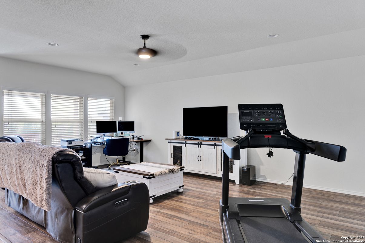 Fitness Equipment, Home Office, Interior, Recessed Lighting, Wood Texture Flooring