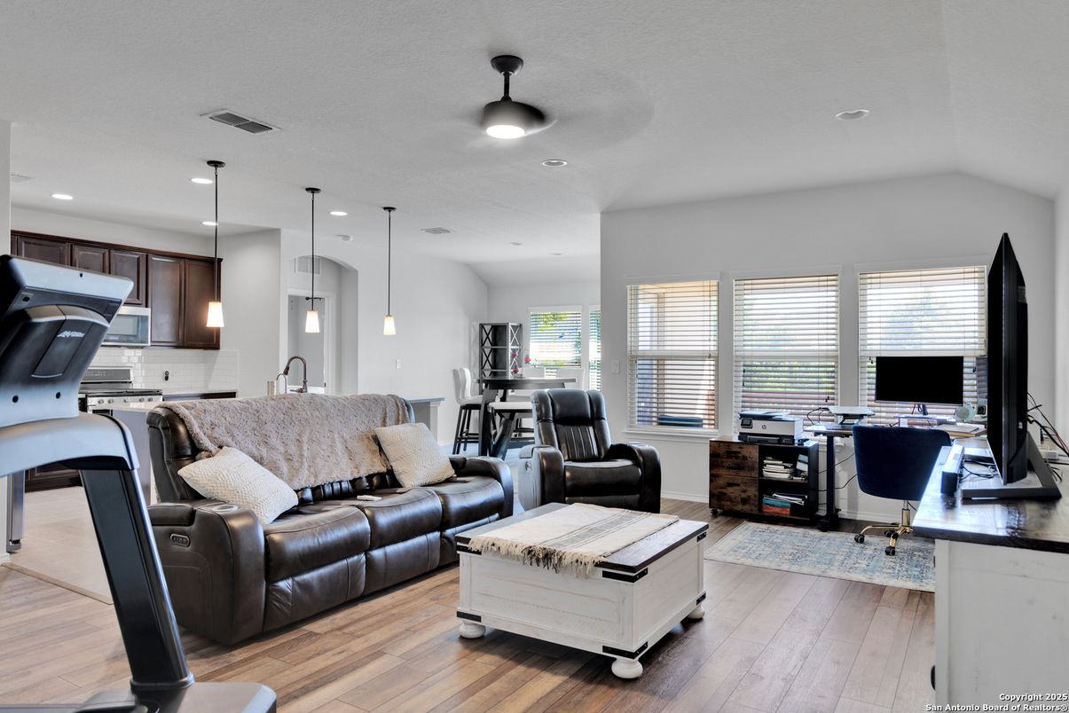 Home Office, Interior, Kitchen, Living room, Pendant Lights, Recessed Lighting, Wood Texture Flooring