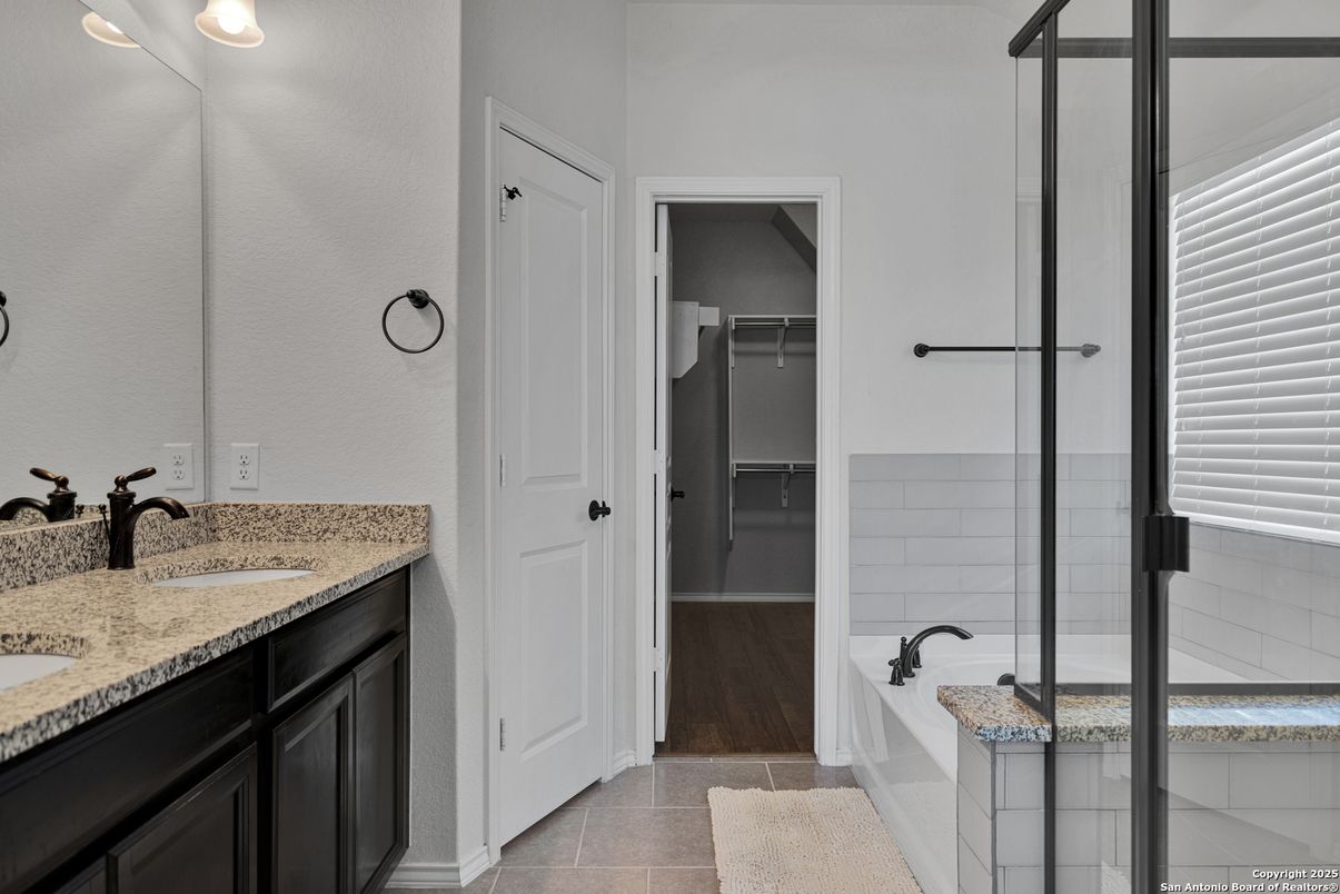 Bathroom, Dual Sink Vanities, Glass Shower, Interior, Wood Texture Flooring
