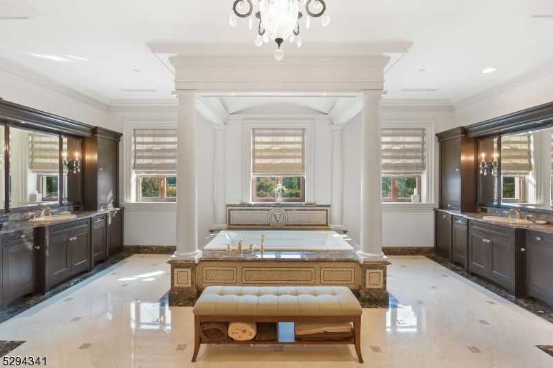 Bathroom, Chandelier, Dual Sink Vanities, Interior, Recessed Lighting
