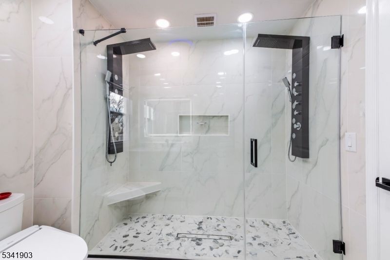 Bathroom, Glass Shower, Interior, Marble Walls, Recessed Lighting