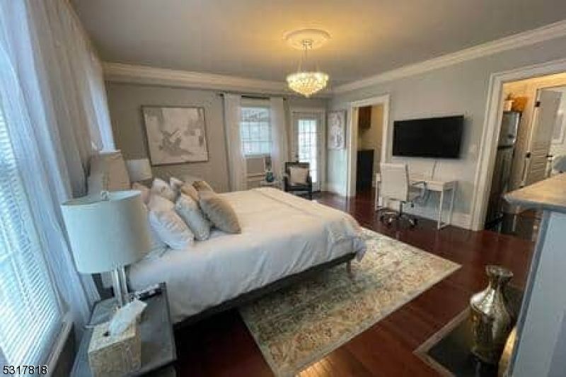 Bedroom, Chandelier, Interior, Wood Texture Flooring