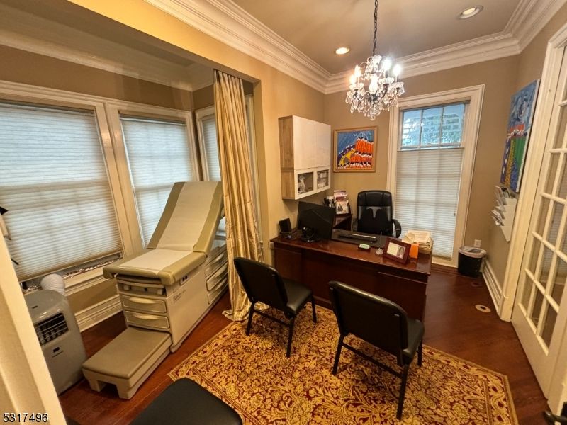 Chandelier, Home Office, Interior, Recessed Lighting, Wood Texture Flooring