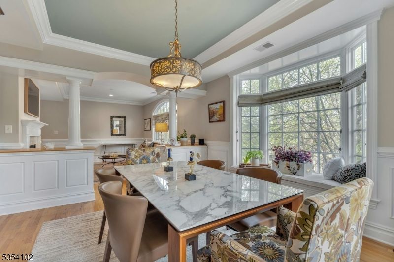 Dining room, Interior, Pendant Lights, Recessed Lighting, Wood Texture Flooring