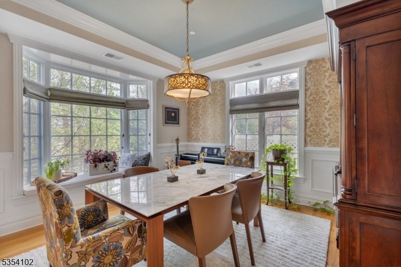 Dining room, Interior, Pendant Lights, Wood Texture Flooring