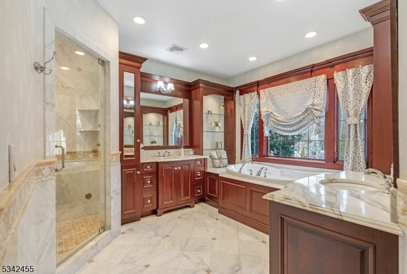 Bathroom, Dual Sink Vanities, Glass Shower, Interior, Marble, Recessed Lighting