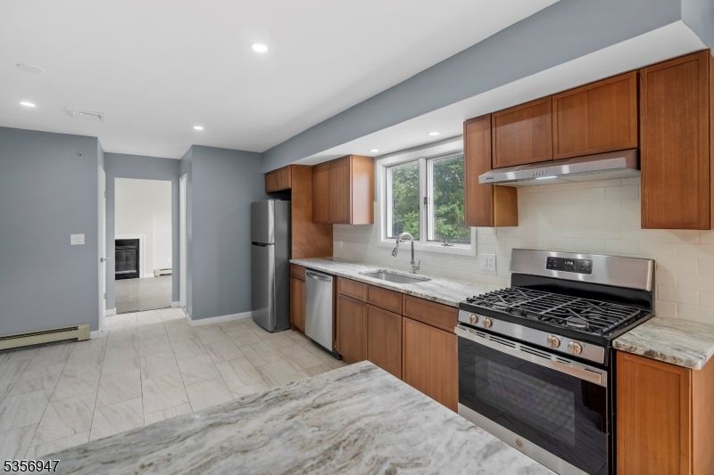 Interior, Kitchen, Marble, Recessed Lighting, Stainless Steel Appliances