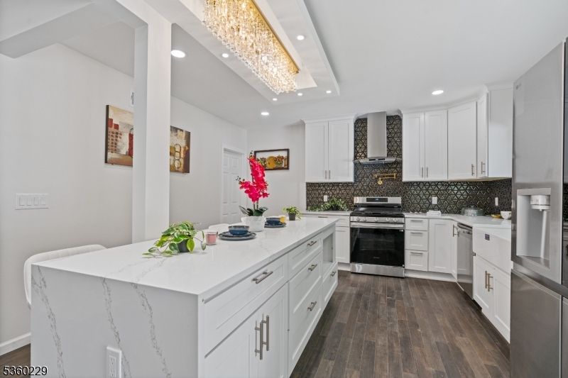 Chandelier, Interior, Kitchen, Recessed Lighting, Stainless Steel Appliances, Wood Texture Flooring