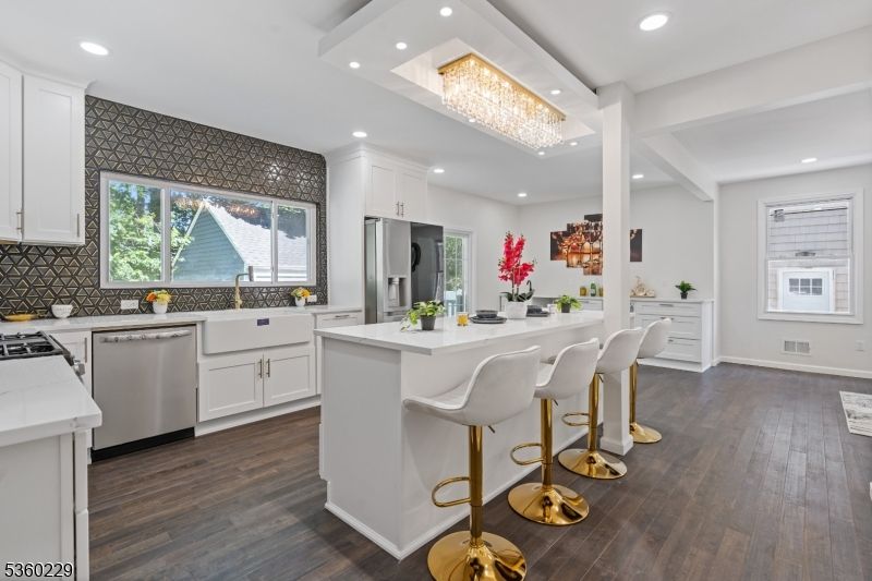 Chandelier, Interior, Kitchen, Recessed Lighting, Stainless Steel Appliances, Wood Texture Flooring