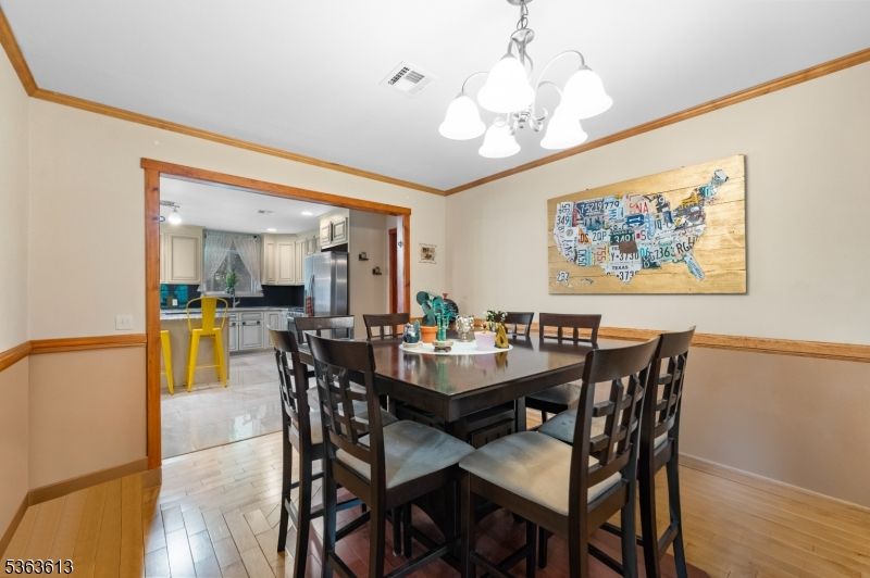 Chandelier, Dining room, Interior, Kitchen, Recessed Lighting, Wood Texture Flooring