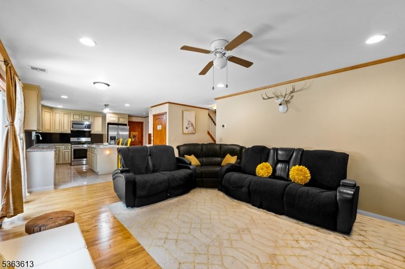 Interior, Kitchen, Living room, Recessed Lighting, Stainless Steel Appliances, Wood Texture Flooring